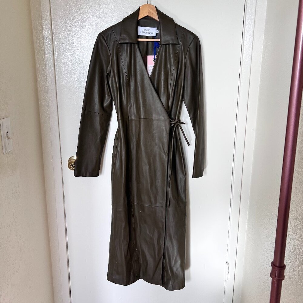 NWT Studio Fantastique Polly Faux Leather Wrap Midi Dress In Khaki Green FLAWED 